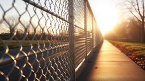 A beautiful sunset with the sun setting behind a chain link fence.