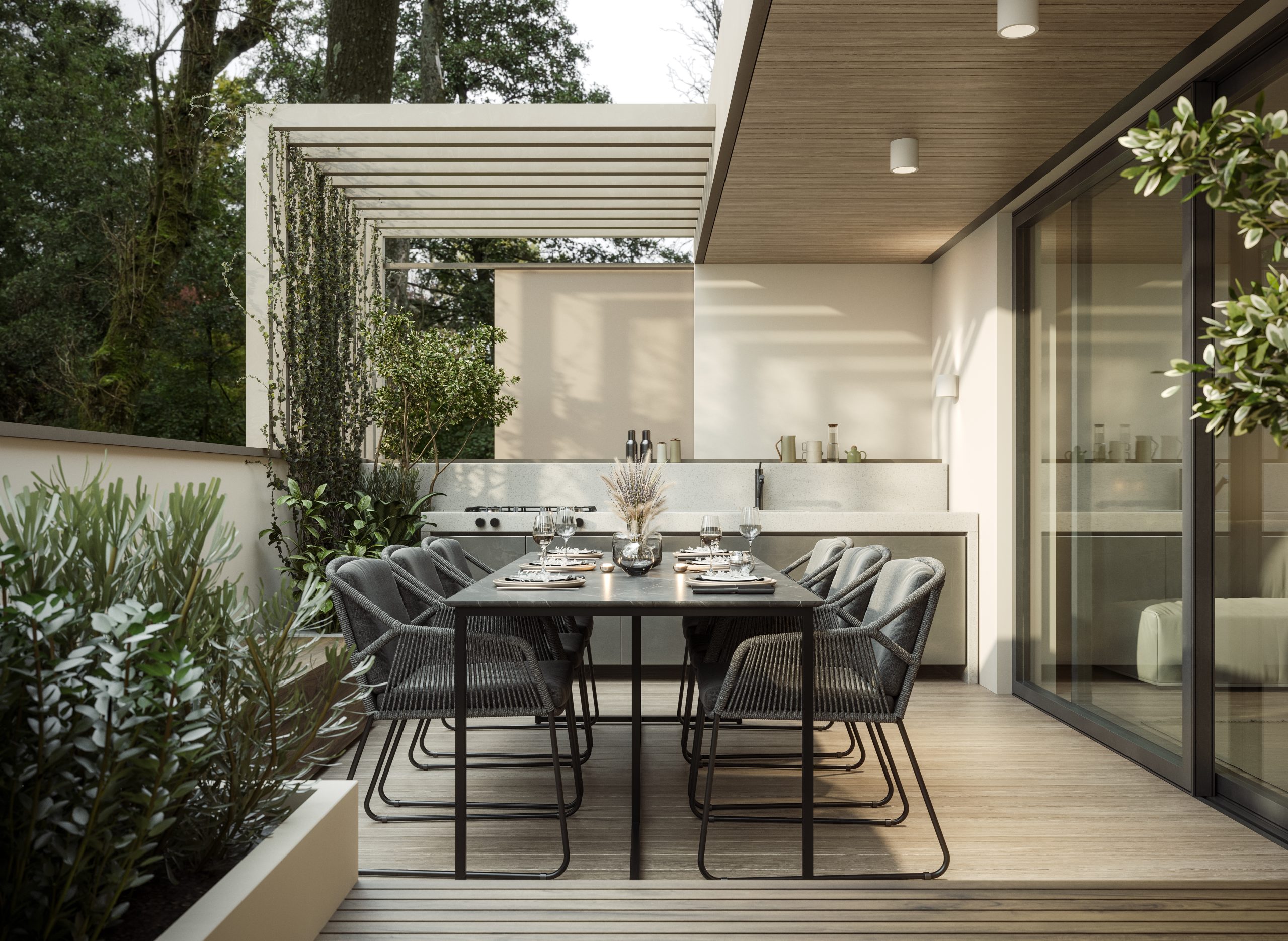 Modern home terrace Luxury outdoor table with chairs and built in barbeque