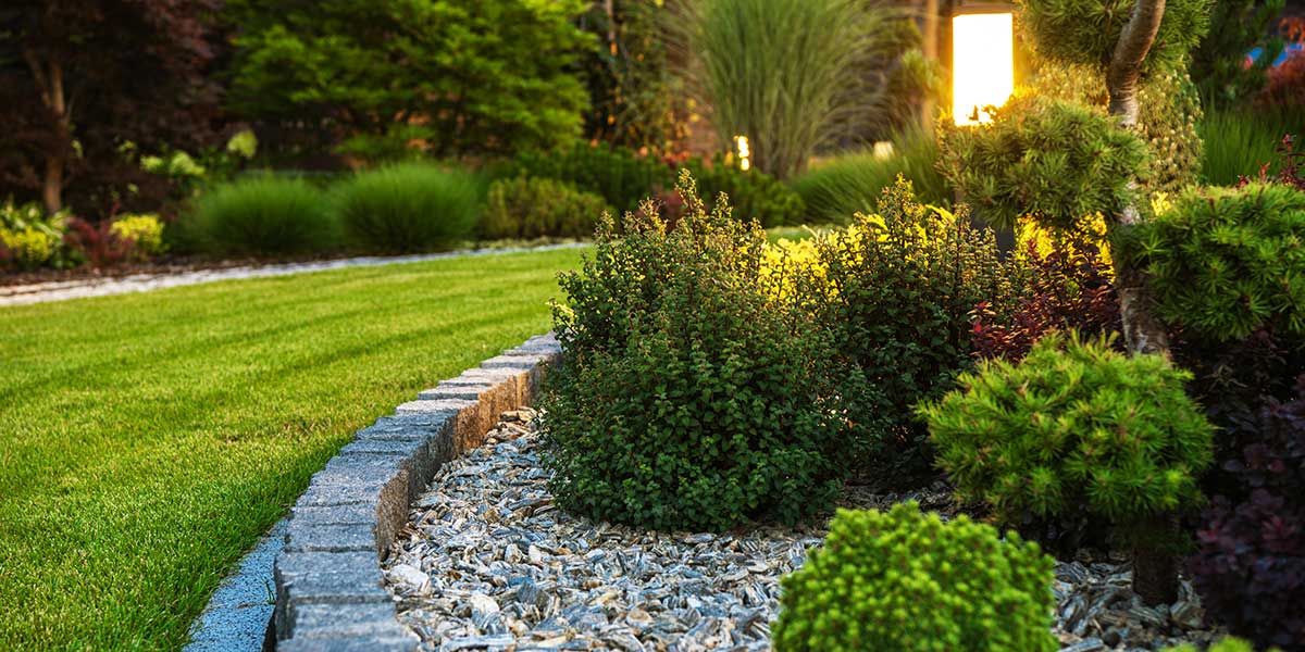 Manicured garden bed with stone edging, decorative gravel, lush green shrubs, manicured lawn, and warm outdoor lighting at dusk.